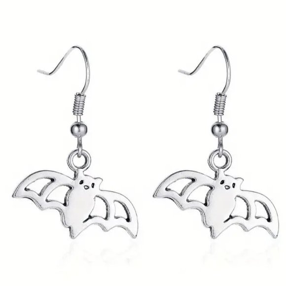 Bat Earrings Halloween Dangle Hanging Silver Goth Style Costume Party Rave Scene - Picture 1 of 1